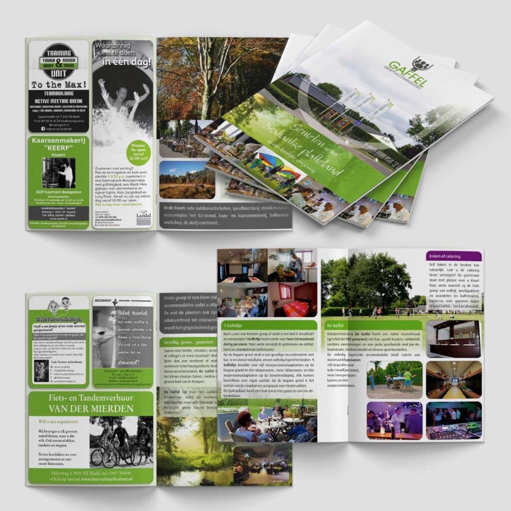 Grafisch ontwerp en DTP brochure groepsaccommodatie De Gaffel Hapert.