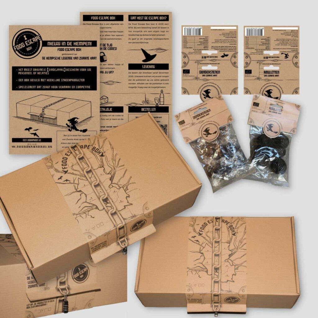 Verpakking ontwerp, illustraties en drukken voor Zwarte Kaat Food Escape Box.