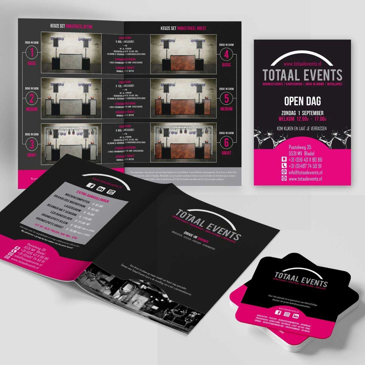 Grafisch ontwerp en DTP brochure, poster, advertentie, uitnodiging, bierviltjes voor Totaal Events.